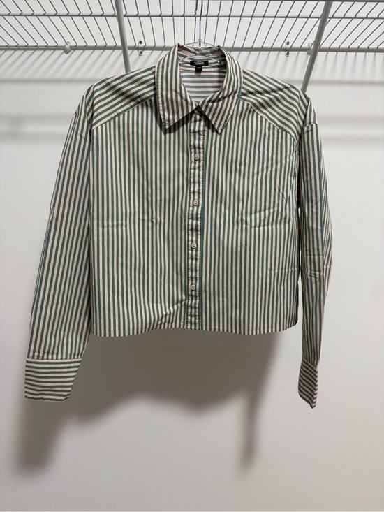 Express Tops - Express Women’s Striped Cropped Portofino Shirt Teal/Cream Size Small